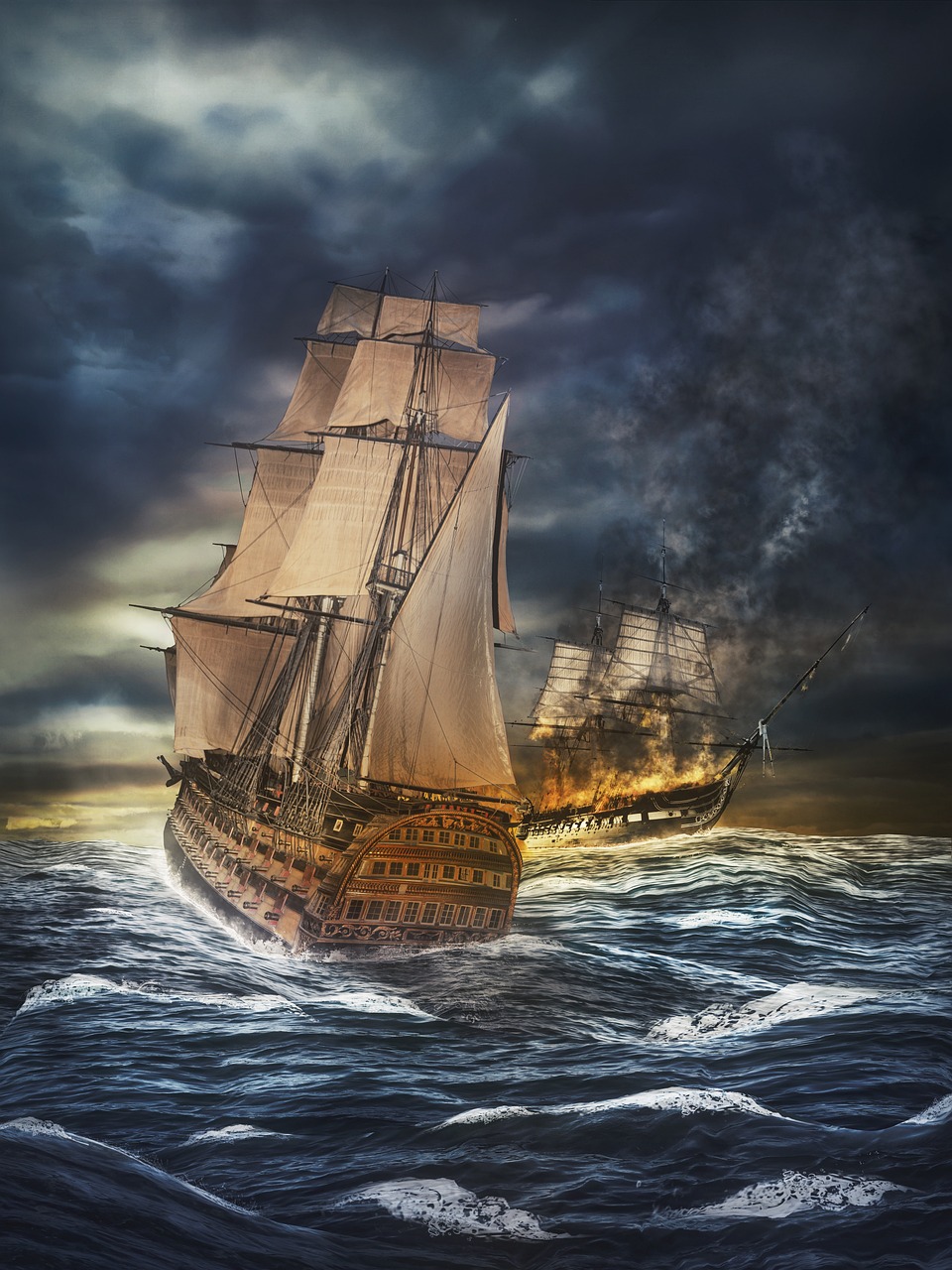 naval battle, ship, sailing ship, old, historical, pirates, adventure, dramatic, tragedy, dark, swell, waves, fantasy, composing, photomontage, compositing