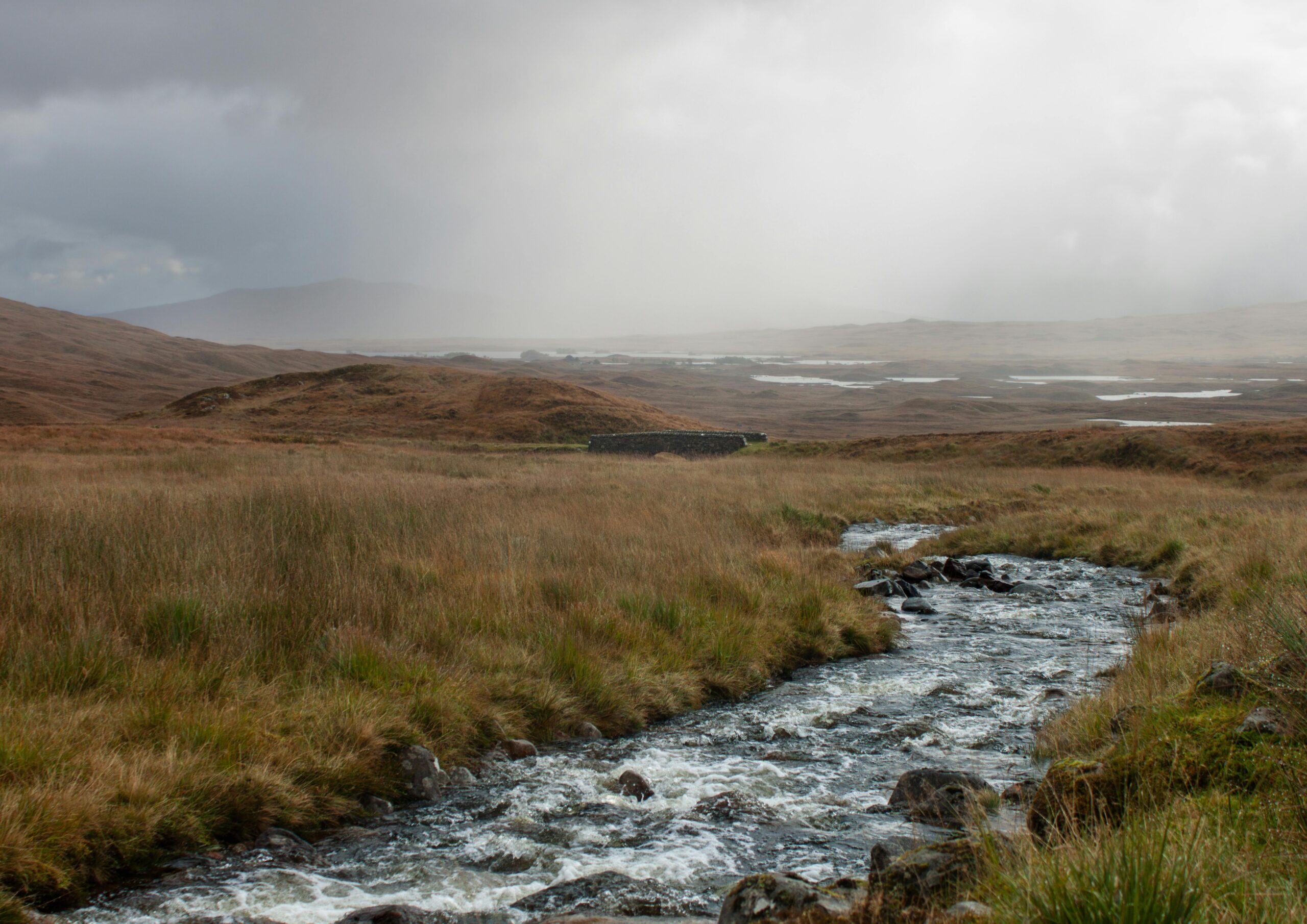 Gothic Romance Part 1: Lost in the Fog A tranquil scene of a flowing stream through highland moors under a cloudy sky.